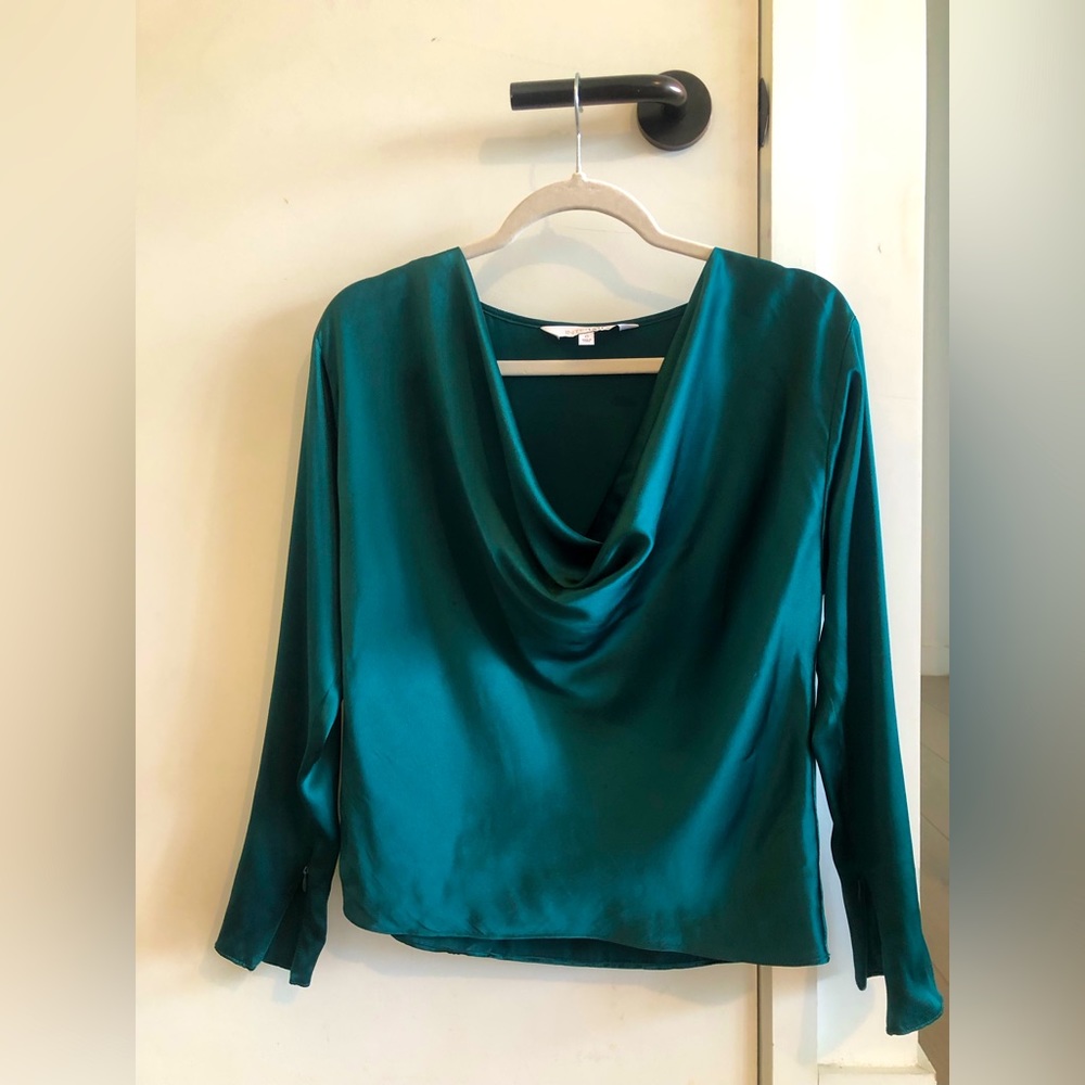 100% silk Intermix v-neck blouse, teal color, designed in NYC, size 0